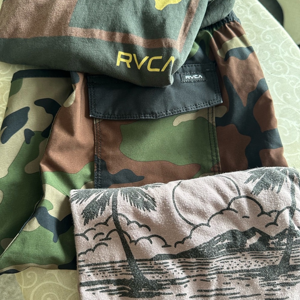 RVCA Camo Shorts and two Graphic Tees